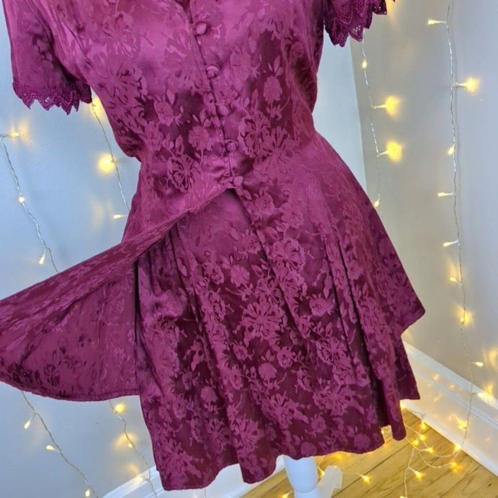 Vintage 1990s Mini Dress Floral Crochet Maroon Satin Empire WhimsiGoth Jr's 5 - Picture 6 of 16